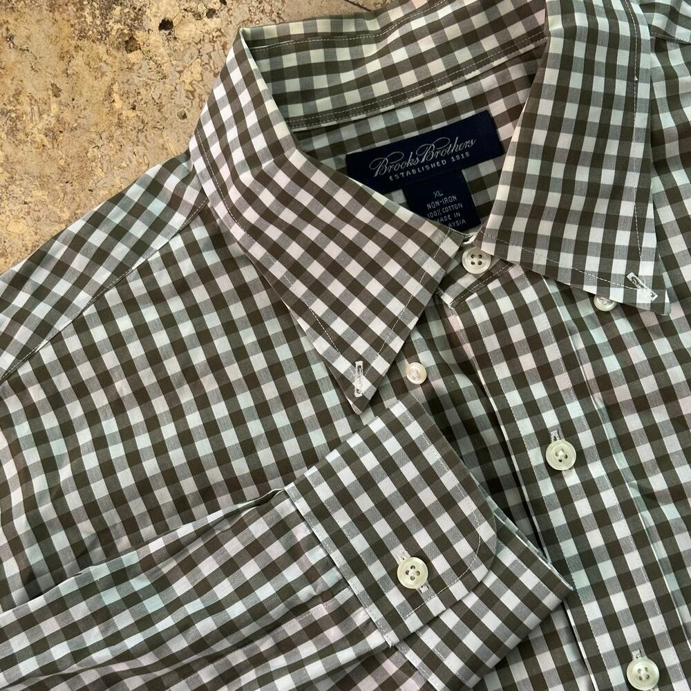 Brooks Brothers 1818 Regent Fit Gingham Button Down Shirt - Green & White Sz XL